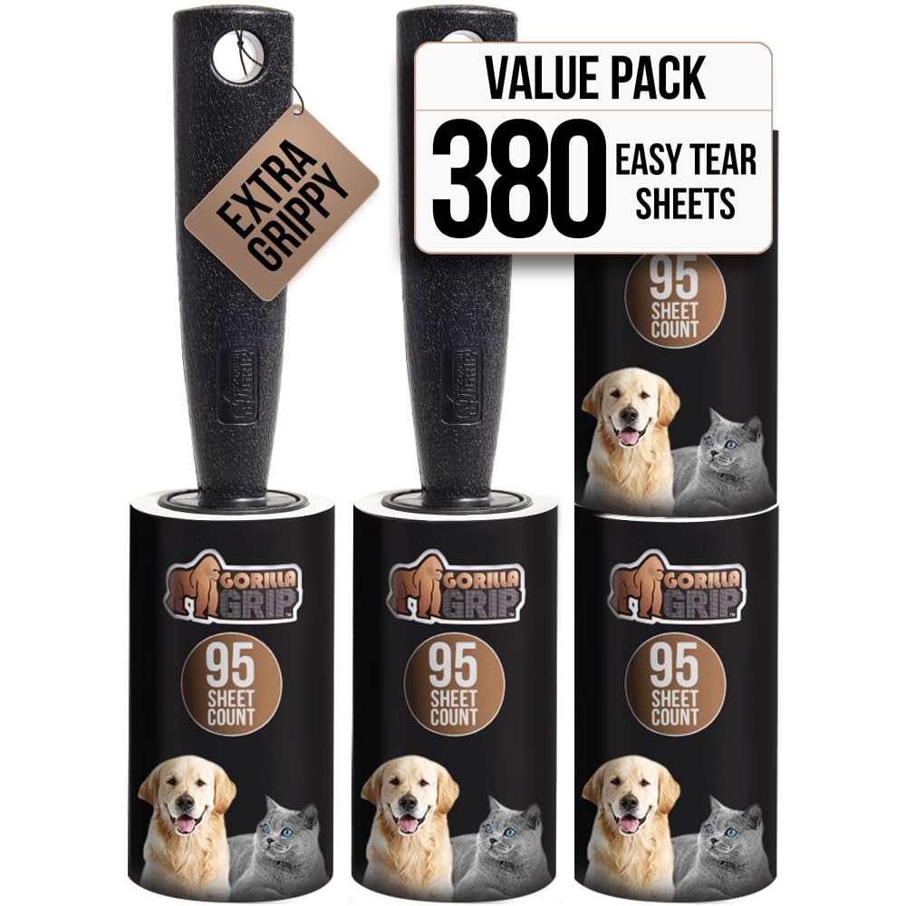 GORILLA GRIP Extra Grippy Lint Rollers, 380 Large Easy Tear Sheets, 2 Comfort Handles + 4 Refillable Rolls Included, Pet Hair Remover Brush, Clothes
