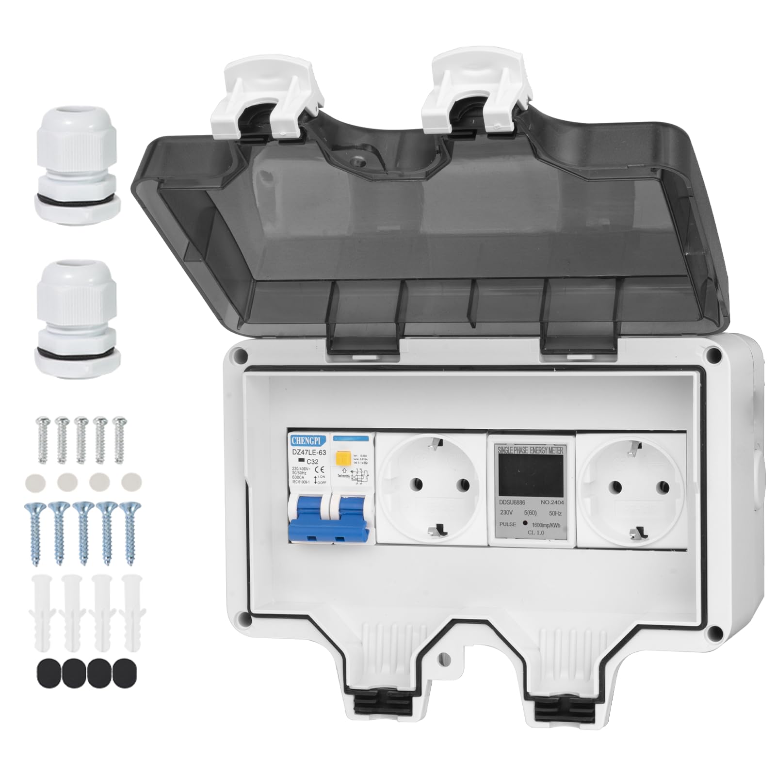Verteilerkasten Aufputz mit Stromzähler,Kleinverteiler Aufputz Complete with Leckschutz 16A and Socket,Surface-Mounted Distribution Box wasserdichte IP66|8 Modules