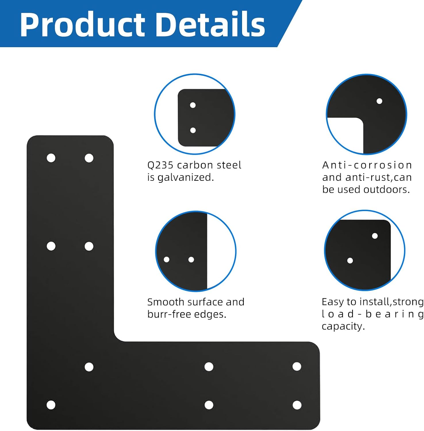 4 Pcs L Shape Post to Beam Bracket, 10x10 Inch Heavy Duty Steel Flat Mending Plate, Right Angle Corner Bracket Fit 6x6 Lumber for House Repair, Truss Framing & Pergola (L Shape)