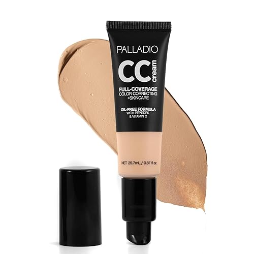Palladio Crema CC de corrección de color de cobertura completa, sin aceite con péptidos y vitamina C, mejor para corregir el enrojecimiento y el