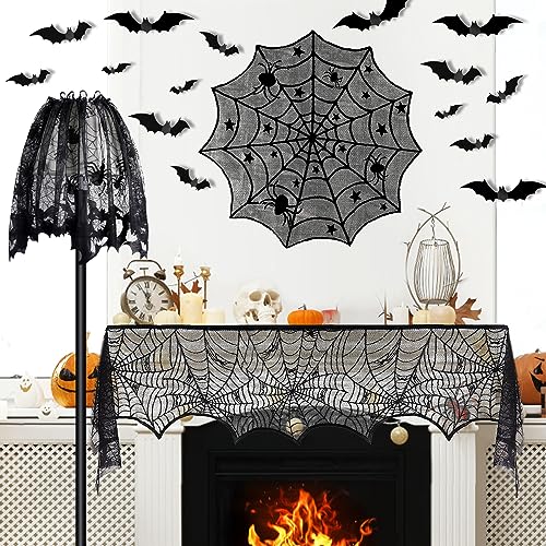 5Pack Halloween Decorations Indoor Halloween Spider Web Tablecloth Table Runners Fireplace Mantel Scarf Cobweb Lampshade Scary 3D Bats for Halloween Spooky Home Decor2