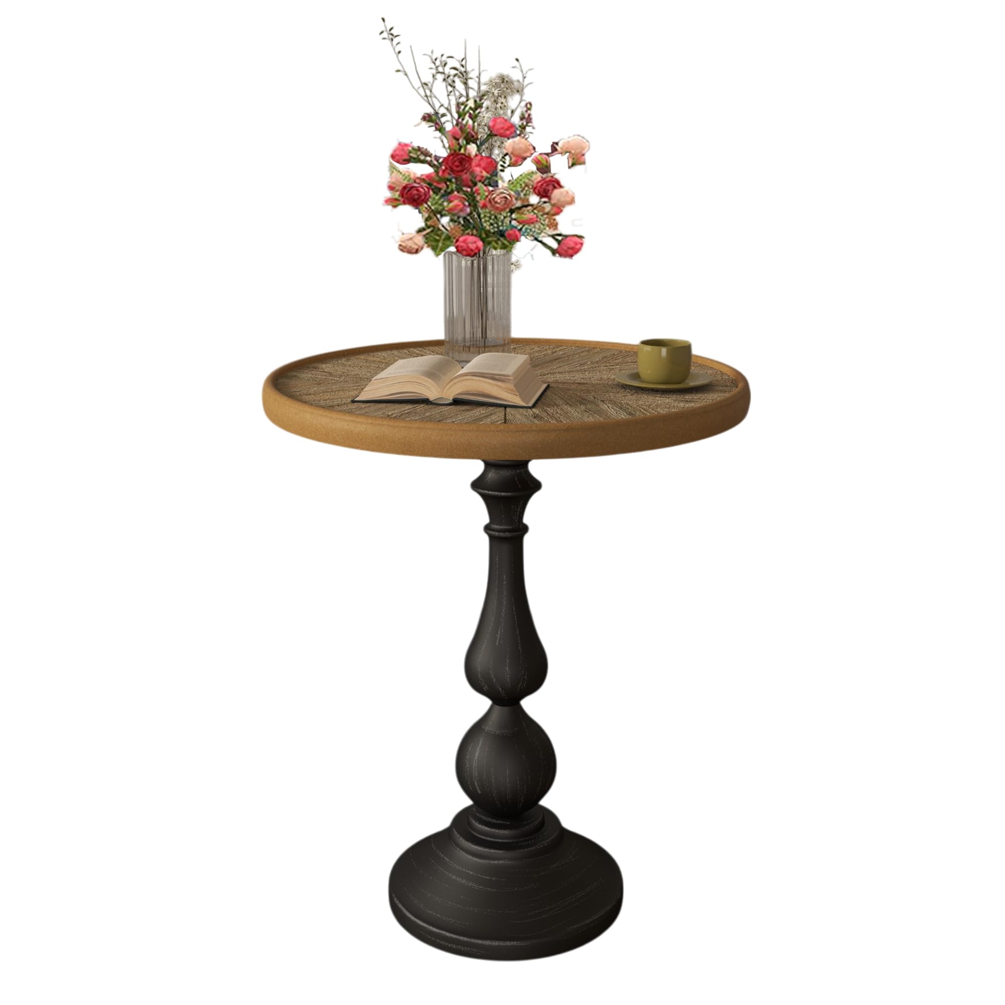 Retro Round Side Table, 20" Small Wooden End Table for Living Room, Patio or Sofa Corner, Mid-Century French Accent Coffee Table, Black Base, Farmhouse Top