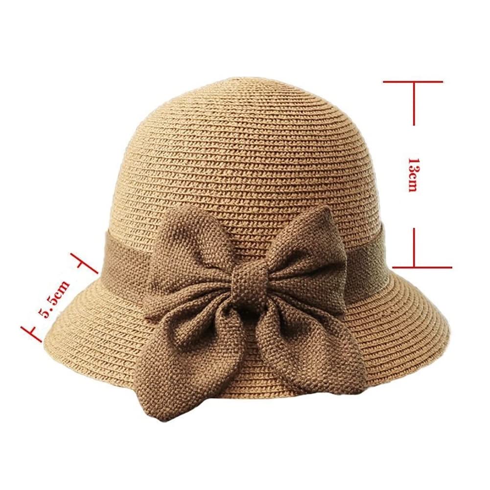 JIHUOO Straw Cloche Hat Summer Bowler Hat Sun Church Hat 1920s Vintage Bucket Hat Foldable Beach Hat with Bow for Women