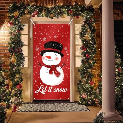 Image of BlissYard Merry Christmas Door Cover 71x35 Inch Front Porch Door Banners Decoration Winter Red Background Snowman with Hat and Scarf Winter Wonderland Theme for Sign Party Indoor Decor