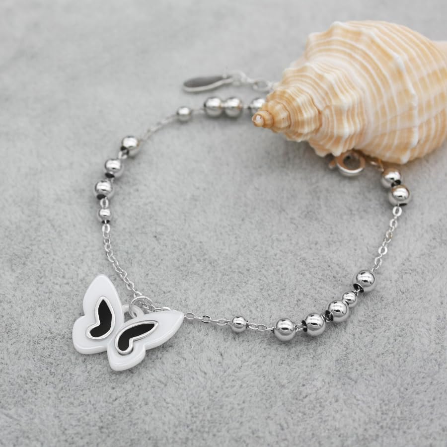 Image of 925 Sterling Silver Butterfly Bracelet, Black shell and White Ceramic Charm, Suitable for Mother's Day and Valentine's Day gifts