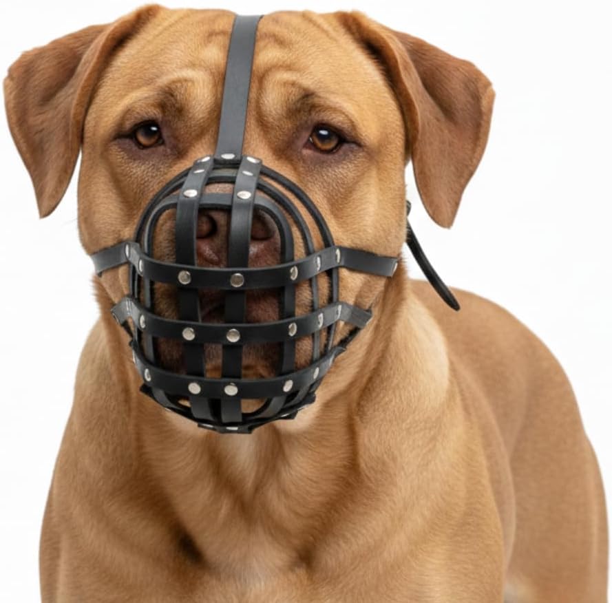 Genuine Leather Lightweight Dog Muzzle for Dogue De Bordeux and Bullmastif, fits Other Similar Sized Dog Breeds (DB3, Natural)