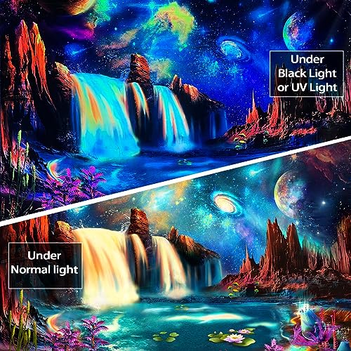 Fungarth Blacklight Galaxy Tapestry Planet Uv Reactive Space Tapestries Waterfall Landscape Fantasy Mountain Tapestry Wall Hanging Colorful Neon Plants Mysterious Nebula Aesthetic Tapestry For Bedroom thumb #2
