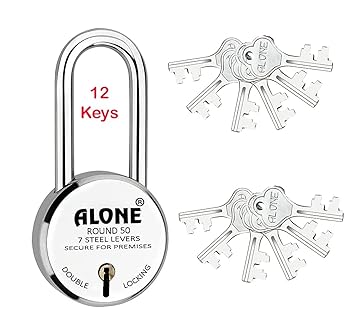 Alone Round Lock Key Long Shackle Double Locking | Locks & Keys for Home Door Grill Main Gate Shop Shutter Lock (50mm 12 Keys Long Shackle Pack of 1)