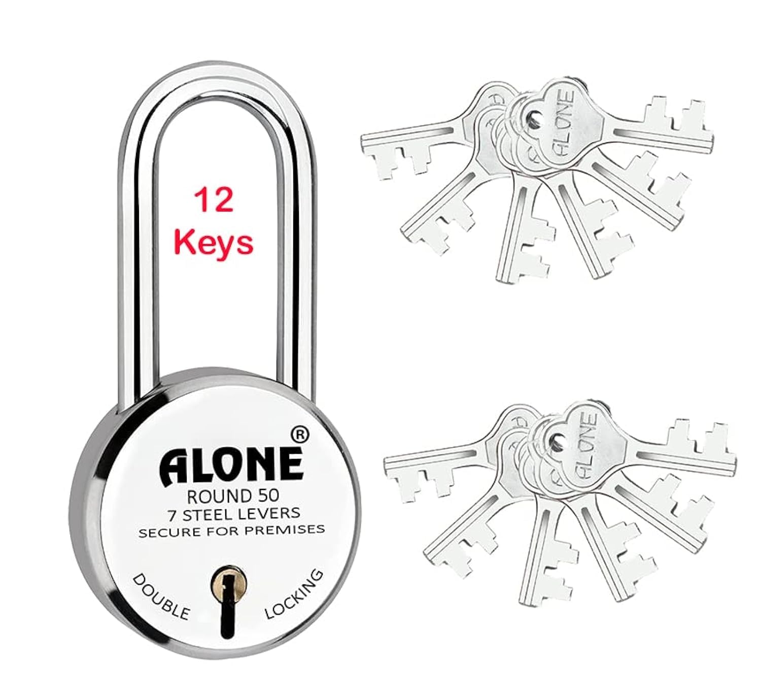 Alone 50mm New Round Lock | Long Shackle | Steel Body | Double Locking | 8 Steel Levers 12 Keys | Small Lock and keys for Home Door Gate Shop | Made in India | Door Padlock | Chrome Finish (Pack of 1) (B0C5CW296K) Amazon Price History, Amazon Price Tracker