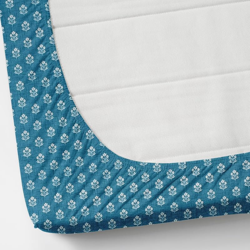 Image of NEW LEAF Premium Cotton Elastic Fitted Bedsheets with 1 Pillow Covers |Printed Single Bed Elastic 220 TC Supersoft Breathable & Wrinklefree | for 72x36+6 Inches, Teal Blue