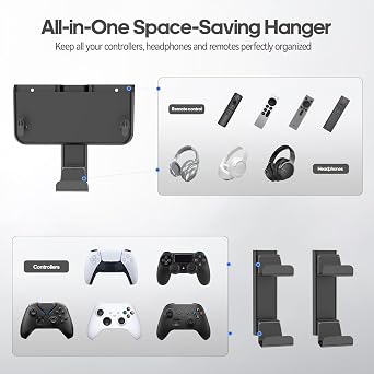 Controller & Headset & Remote Holder Wall Mount with No Drill, 2 Packs Gaming 4 Controllers Hanger Hook Mount for PS5/PS4/XBOX/Switch, Headphone Stand & Remote Control Holer Wall Shelf with Adhesives