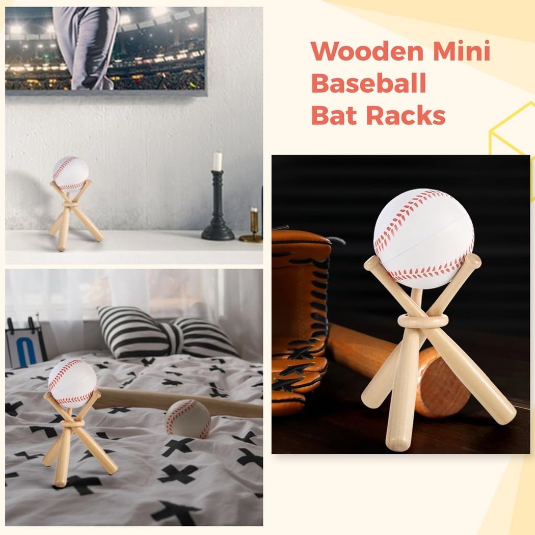 4 Pack Mini Wooden Bat Display Stands With 12 Mini Baseball Bats & 4 Rings, Cute Softball Bat Holders For Home Run & Game Balls
