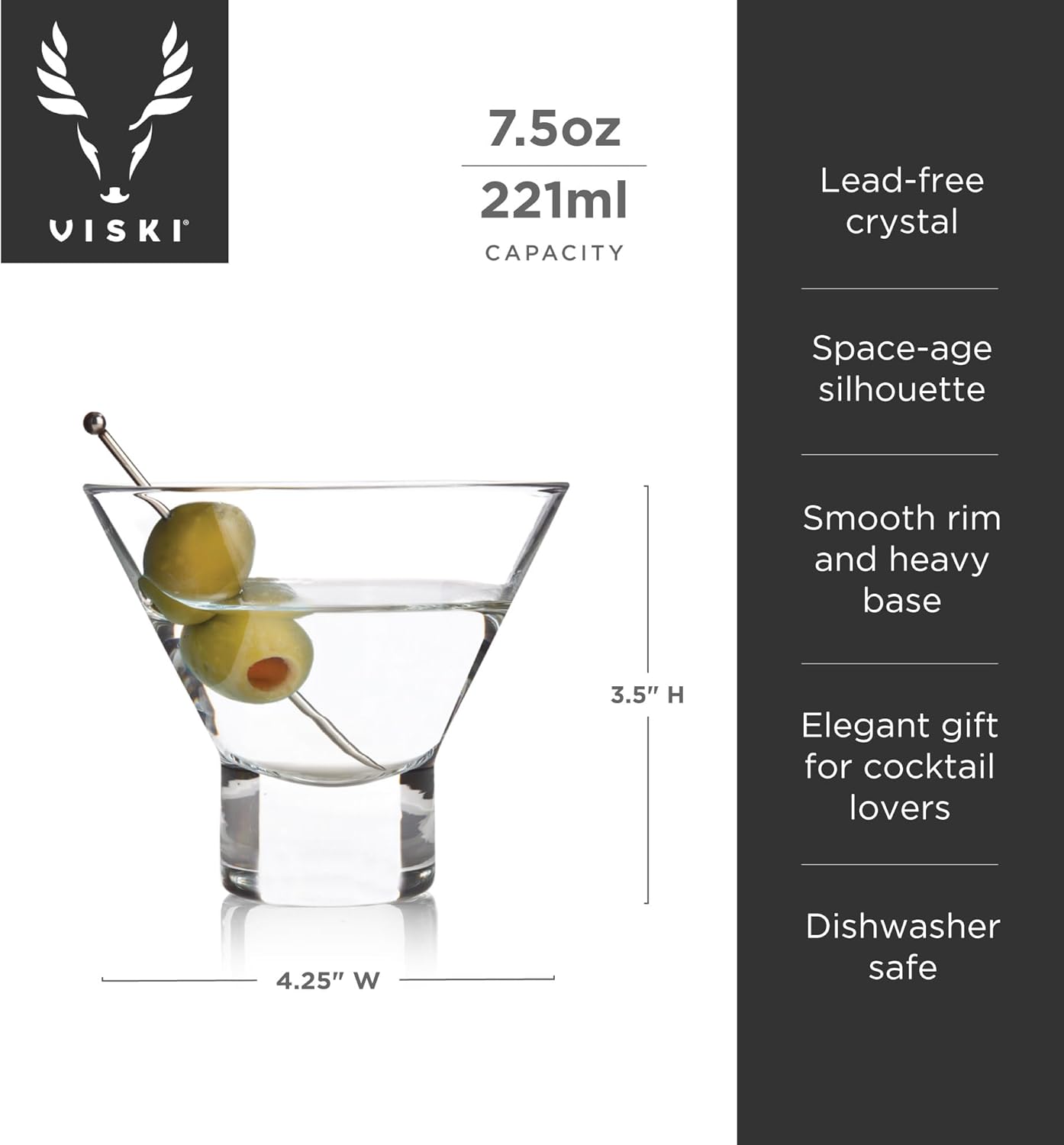 Viski Heavy Base Stemless Martini Glasses Set of 2, Crystal Cocktail Glasses for Vodka or Espresso Martini, Home Bar Glassware, Birthday Gifts for Women, Retirement Gifts for Men, 7.5 oz