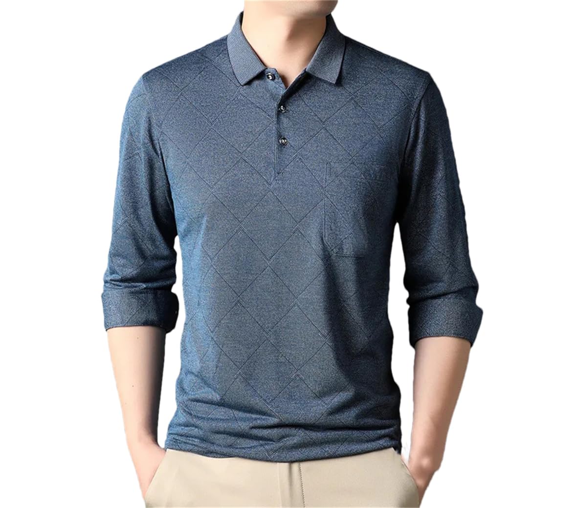 Herren Plaid Langarm Poloshirt Knopf Kragen Casual Tee Shirt Poloshirt mit Tasche