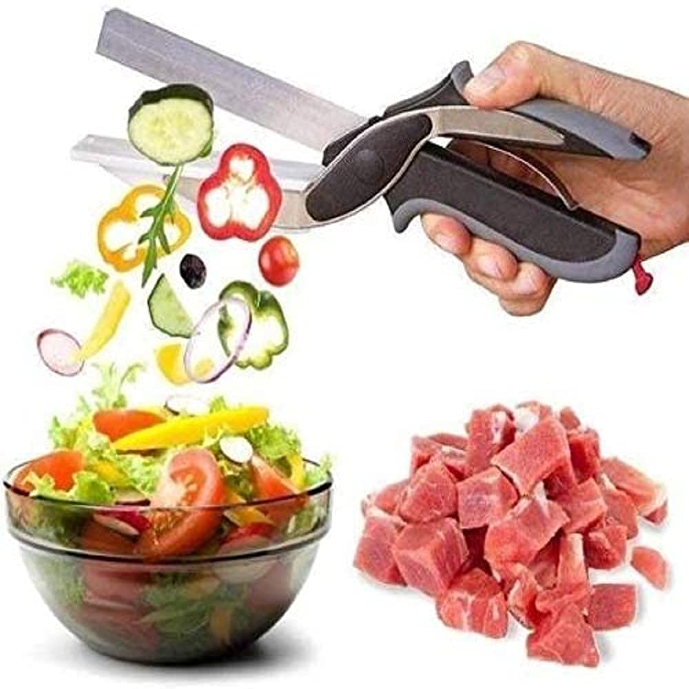 IMPHI Clever Cutter | 2 in 1 Stainless Steel Multi Functional Kitchen Vegetable Clever Cutter Scissor for Home/Kitchen with Lock System Clever Cutter | Kitchen Knife Food Chopper