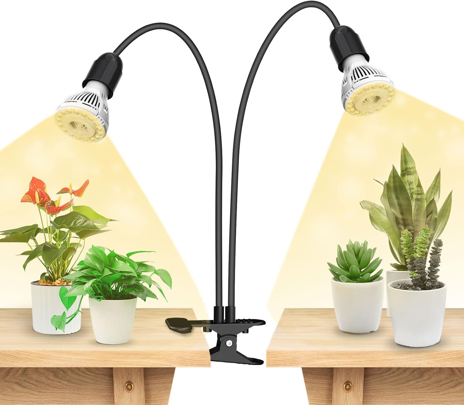 SANSILED Grow Lights for Indoor Plants, Lifetime Free Bulb Replacement, 300W Full Spectrum Dual Gooseneck Clip Plant Grow Light with Optical Lens for High PPFD Growing Power Lamp