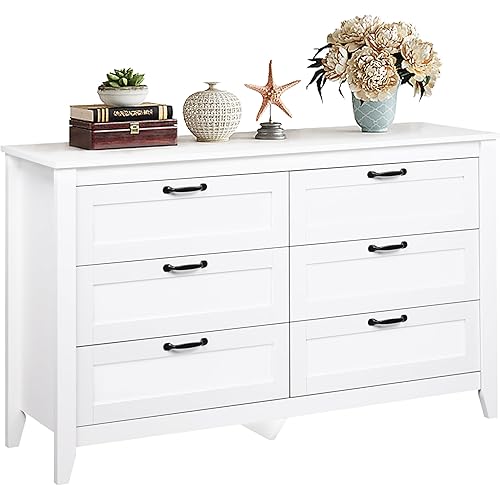 WLIVE White Dresser for Bedroom, 6 Drawer Wood Dresser with Metal Handle, Large Double Wooden Chest of Drawers for Living Room, Hallway, Closet