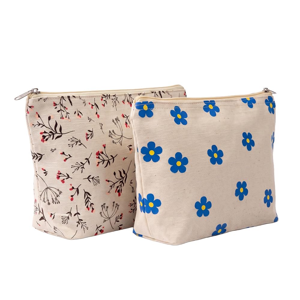 printed blue and yellow flower print and brown and red fl canvas zipper pouch for women cotton fabric durable reusable travel makeup toiletry stationery cable organizer multicolor