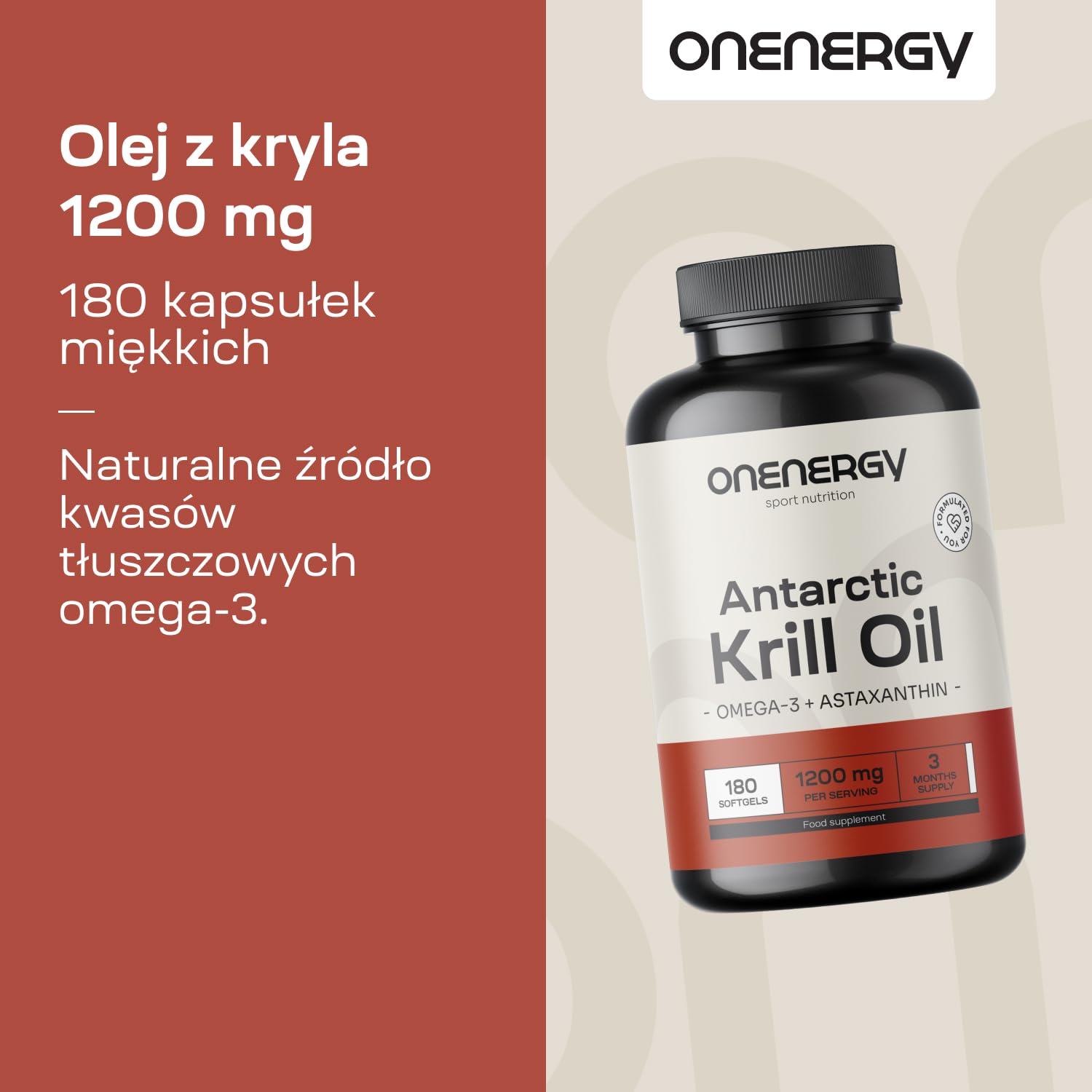 Olej z kryla 1200 mg - Omega-3, cholina i astaksantyna - 180 kapsułek - Olej z kryla antarktycznego - Funkcjonowanie serca i wątroby - Wspomaganie metabolizmu tłuszczów - Bez glutenu i laktoz