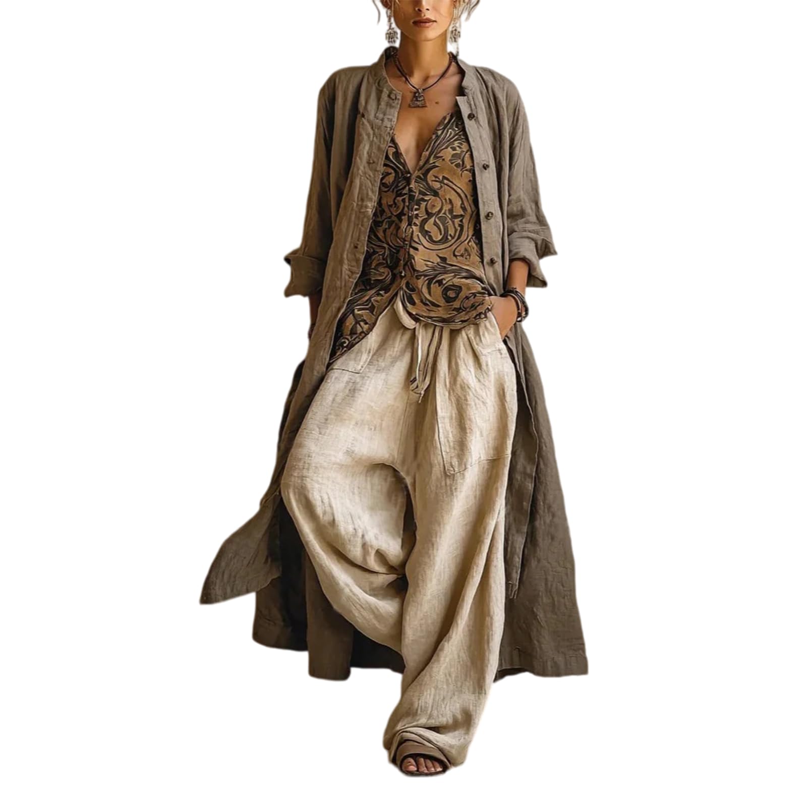 Ensemble 3 pièces vintage en lin mélangé avec débardeur et pantalon à jambes larges, style bohème décontracté