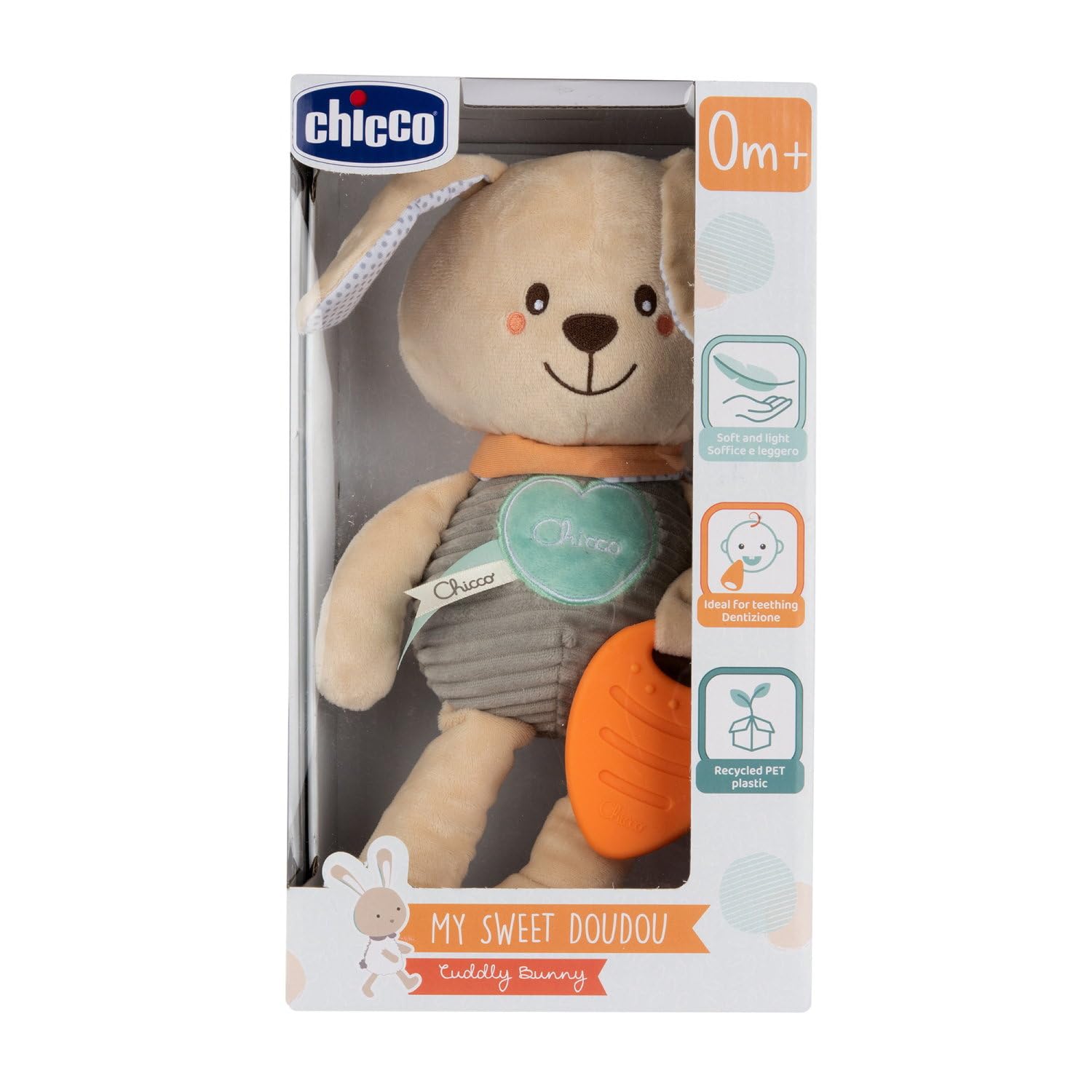 Chicco My Sweet Doudou Congilietto Coccolone, Morbido Coniglietto Realizzato con Diversi Tessuti, con Carotina in Plastica Morbida per Dentizione, Giochi Bambino, 0 Mesi+