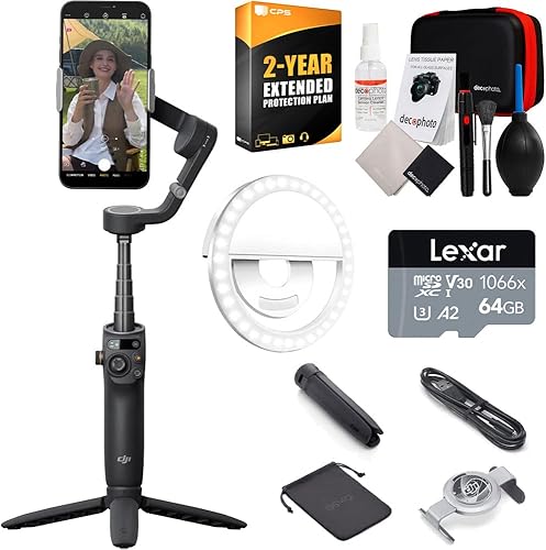 DJI Osmo Mobile 6 Smartphone Gimbal Stabilizer (Black) Accessory Bundle with 2 YR CPS Enhanced Protection Pack, LED Ring Light, Lexar 64GB MicroSDXC