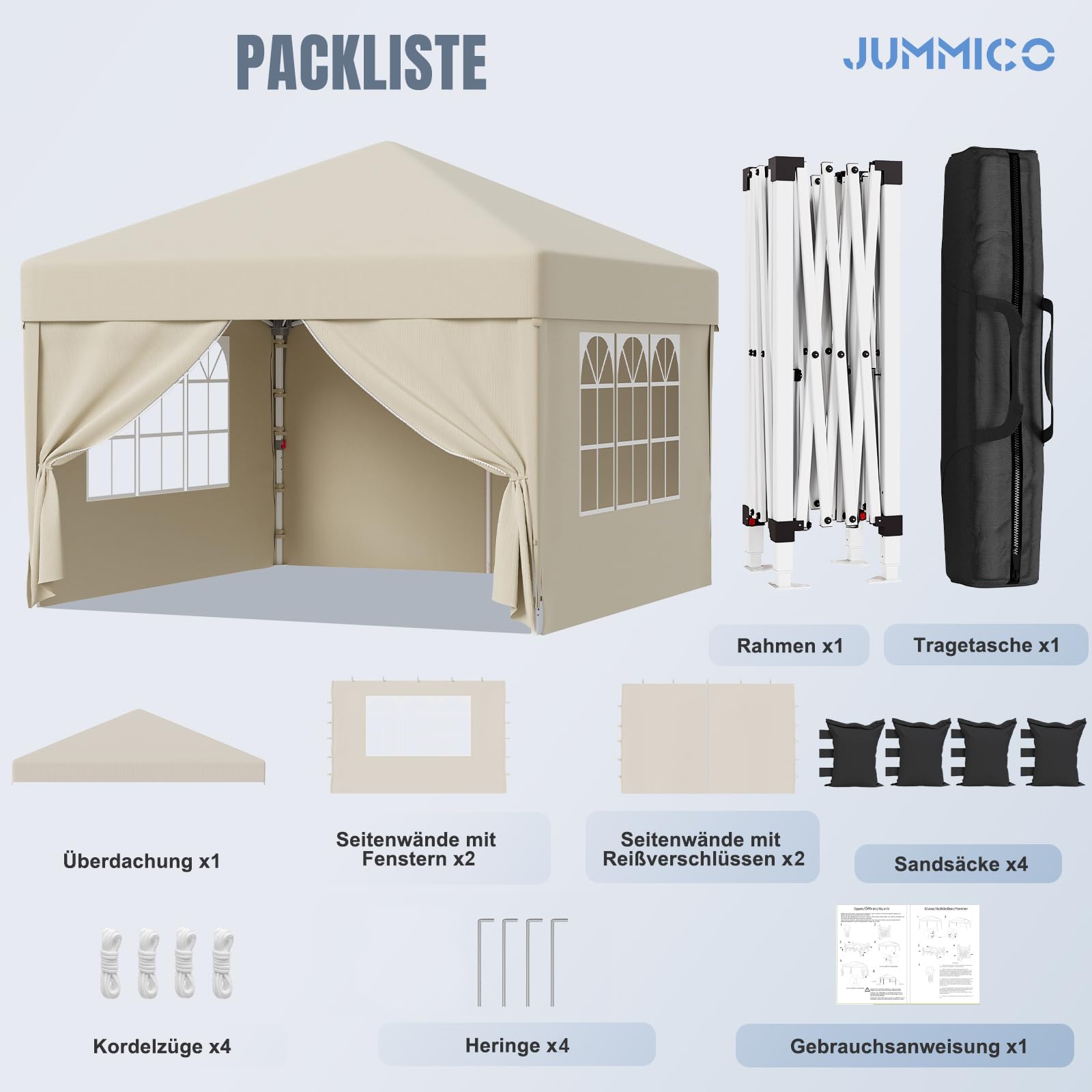 JUMMICO Tonnelle Pliable 3x3m Imperméable Stable au Vent Hauteur Réglable Beige