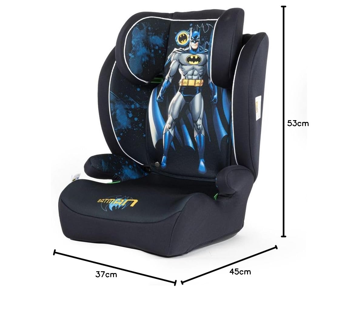 Dc Comics Batman i-Size, fotelik dziecięcy 15-36 kg (3,5-12 lat), 100-150 cm, Grupa 2/3, montaż z 3-punktowym paskiem, niebieski i czarny