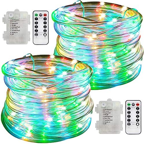 Rope Lights 2 Pack 100 LED Dimmable Rope String Lights 33ft Battery Powered 8 Modes with Remote Timer Waterproof Indoor Outdoor Decoration for Garden Patio Wedding Christmas Party, Multi Color