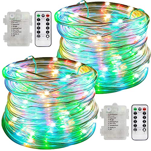 Rope Lights 2 Pack 100 Led Dimmable Rope String Lights 33Ft Battery Powered 8 Modes With Remote Timer Waterproof Indoor Outdoor Decoration For Garden Patio Wedding Christmas Party, Multi Color #TOP1