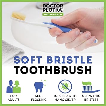MOUTHWATCHERS Soft Flossing Toothbrushes for Adults, Value 6 Pack, Ultra Clean Manual Toothbrush Set for Sensitive Teeth & Gums, by Dr. Plotka, Assorted Colors