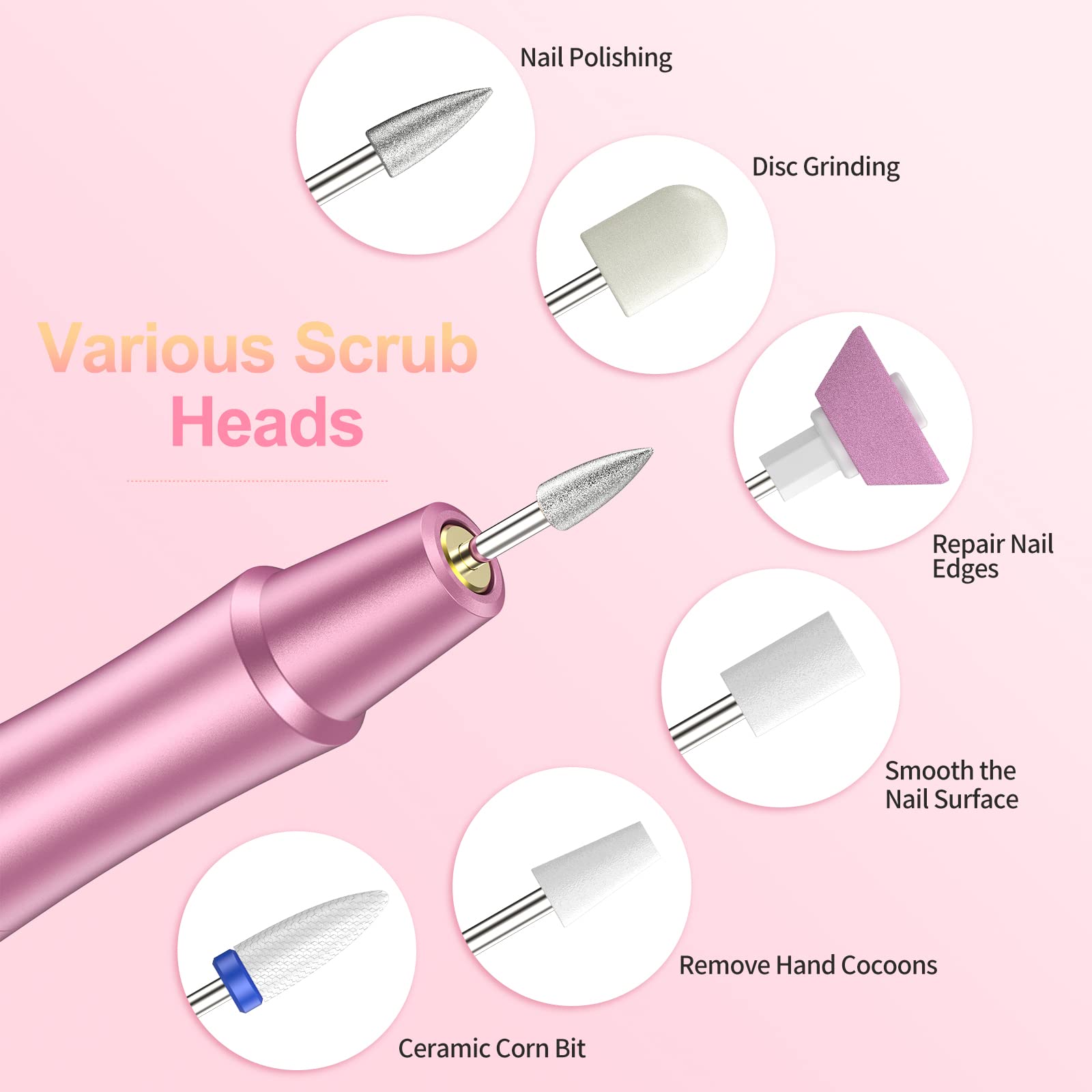 Torno para Uñas Profesional, Lima Electrica Uñas 12 en 1 Kit de Manicura y Pedicura Eléctrico Pulido Salón DIY Hogar, Velocidad Ajustable, Día de la Madre Regalo (rosa)