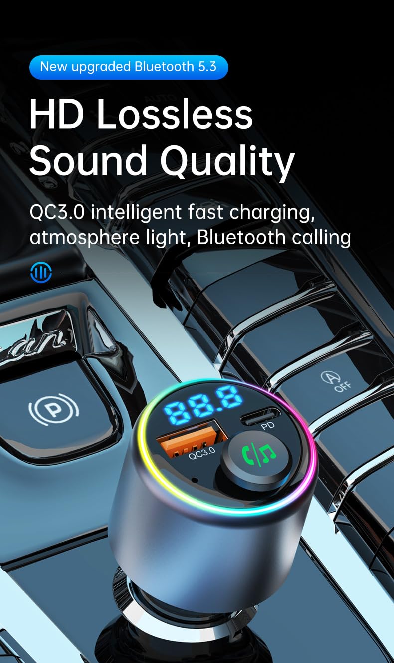 Bluetooth 5.3 FM Transmitter for Car, Wireless FM Radio Adapter, Handsfree Calling & Audio Receiver, Music Player, USB/Type-C Charger, Fast Charge, HD Sound, Atmosphere Light