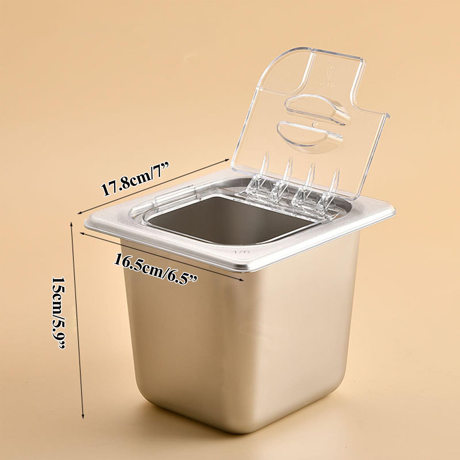 Bandejas Recipiente Gastronorm GN 1/6 2.5"/3.9"/ 5.9",Tapa Abatible Transparente,Apto Para Alimentos Horno Baño María,Acero Inox Rectangular Contenedor De Ingredientes,1/6（17.8*16.5cm）,15cm/5.9”