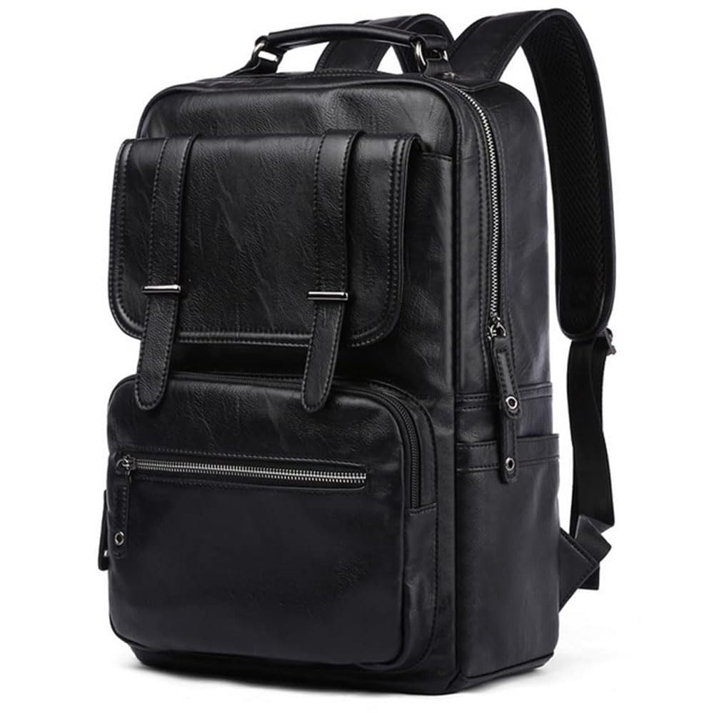 Vintage Leather Laptop Backpack for Men,Water Resistant Fits 16 Inch Laptop,Travel Black Backpack for Bussiness,College