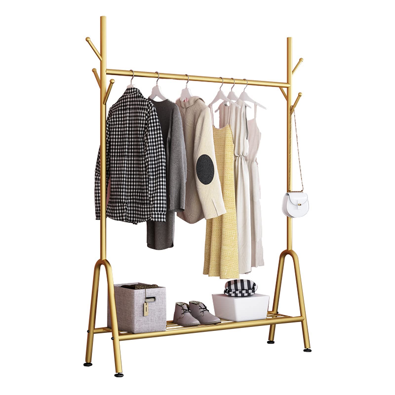 YNBSHGAA Clothes Rail with Storage Shelf & Hooks, Heavy Duty Garment Rack for Bedroom Entryway, Adjustable,Gold-100cm