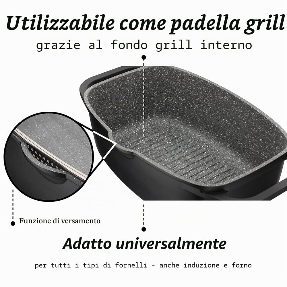 GSW Casseruola universale Gourmet Granito – arrosto di alta qualità con coperchio, ideale per stufare, grigliare e arrostire, anche per induzione e forno – nero in alluminio pressofuso, 6 litri