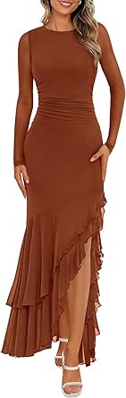 Women's Maxi Dresses Spring 2026 Long Sleeve Ruched Bodycon Solid Ruffle Mermaid Cocktail Wedding Guest Dress