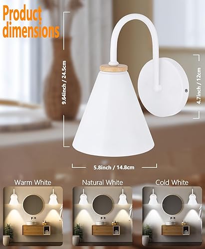 Miniatura 2 de Juego de 2 apliques de pared industriales blancos a pilas, fáciles de instalar, sin cables, batería recargable USB con luz LED de control remoto,
