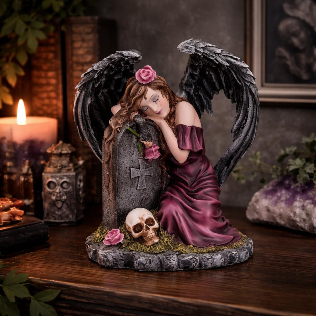 Nemesis Now Lost Love – Angelo in lutto in stile gotico, statuetta in resina con ali piumate nere, decorazione fantasy e gotica