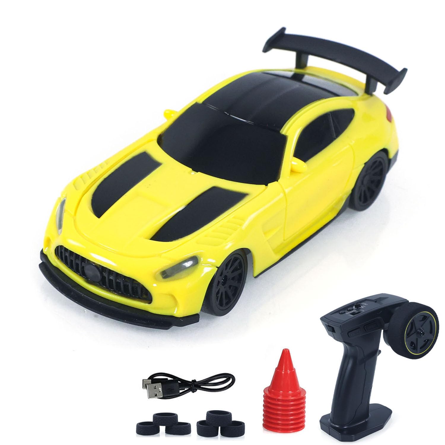 US in Stock, 4310G RC Drift Car Ready to Run Motor ESC Servo Gyroscope LED Lights Battery Indoor Outdoor Racing Mini Car Gift Hobby Grade Model for Ages 14+(Yellow)