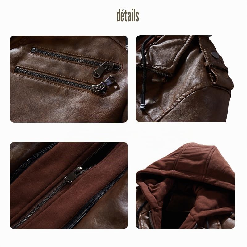 Veste en Cuir pour Homme, Moto Décontractée à Capuche, Faux Deux Pièces, Automne et Hiver, Khaki-L