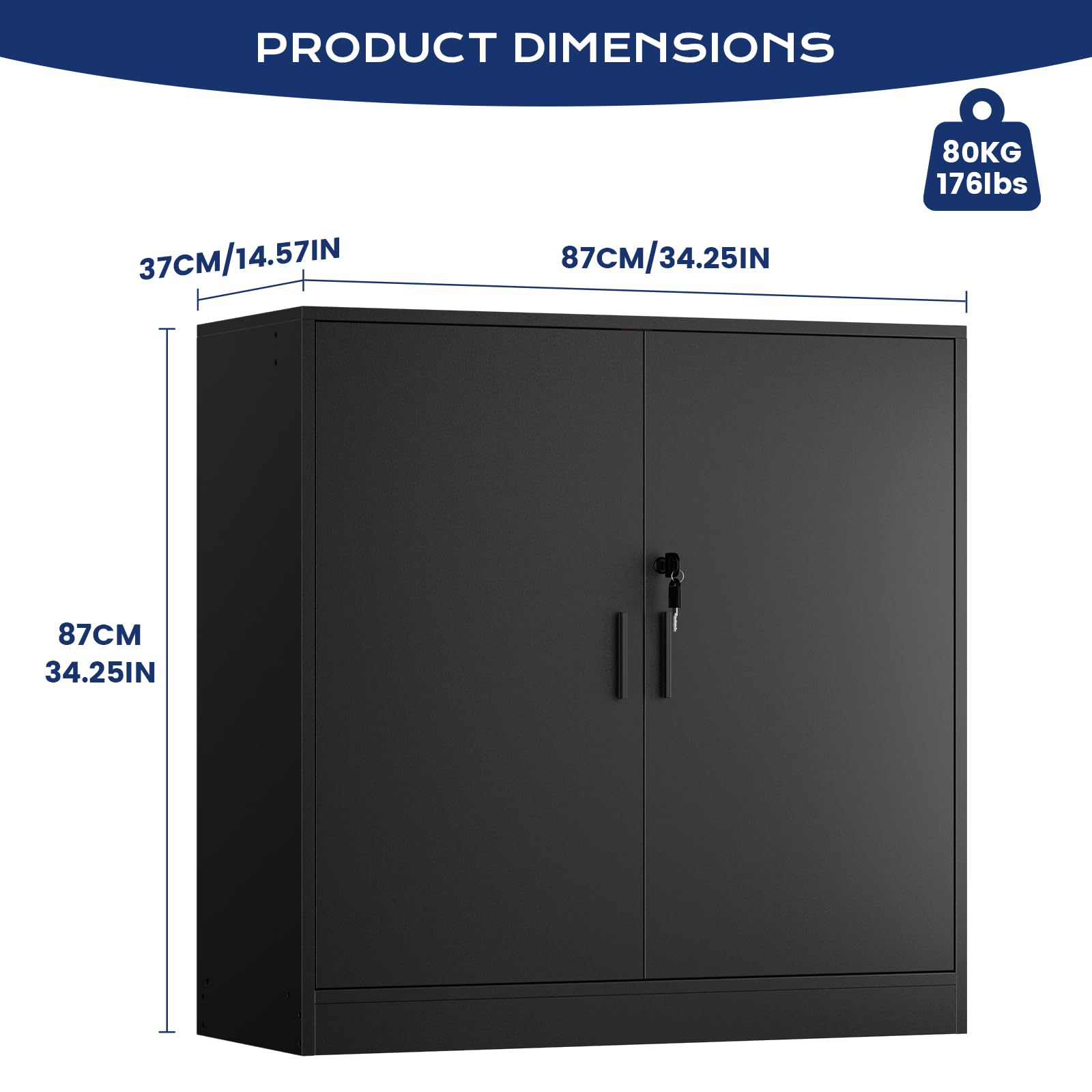 Armoire de Bureau, Meuble Rangement Bureau Fermant à clé, 15mm Armoire de Rangement pour Garage Salon Chambre Buffet Imprimante Papier Administratif avec 2 Porte, Placages Réglables, Noir
