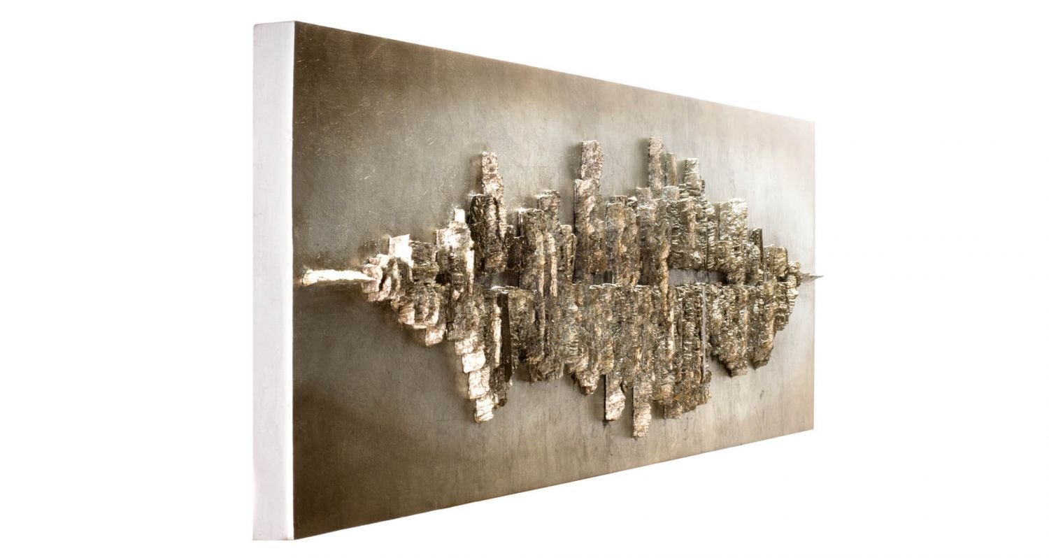 KunstLoft Wanddeko Holz rustikal | 100% HANDGEFERTIGT | 144x44x7.5cm | Holzbild 'Frequency 1000' | Abstrakt | Gold Braun | Wandbild Holz