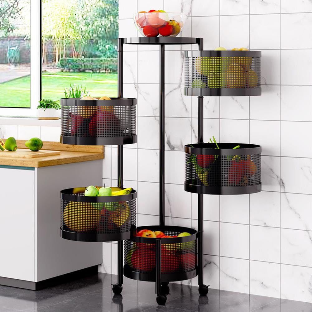 Carro de almacenamiento de cocina, carro de 5 niveles con cestas de almacenamiento para frutas y verduras extraíbles, Carro de cocina multicapa con cestas extraíbles y ruedas giratorias