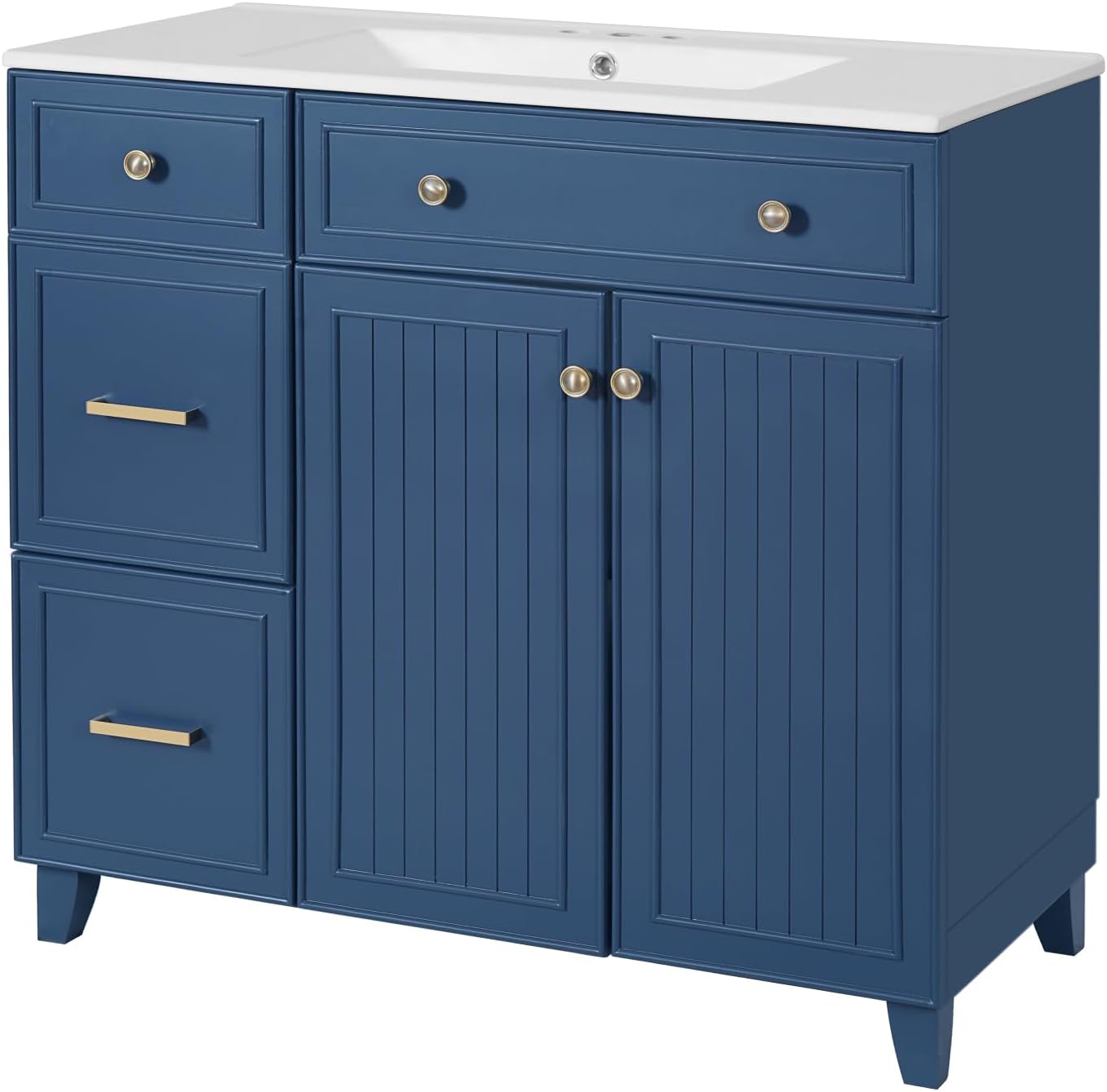 36" Bathroom Vanity with Ceramic Sink 2 Soft Close Doors 3 Drawers Adjustable Shelves Undermount Basin Vanity with Storage (Navy Blue)