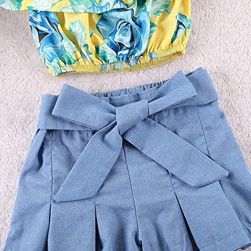 Image of Kids Baby Girls Outfits Floral Ruffle Off Shoulder Crop Tops + Bowknot Denim Shorts Skirt Set Toddler Summer Clothes