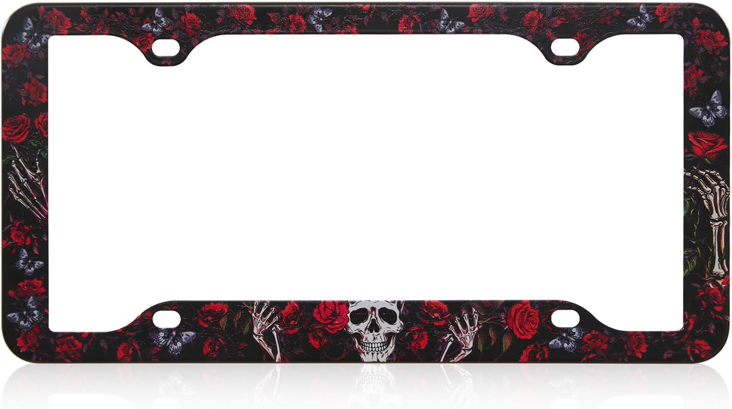 Stainless Metal Car License Plate Frame Covers with 4 Holes - Unique Designs, Standard Size for U.S. and Canada (Rose & Skull)