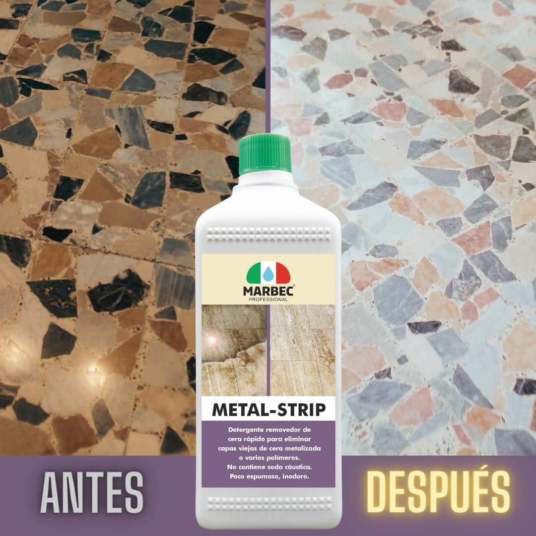 MARBEC METAL STRIP 1LTX6Uds Decerante rápido para materiales pétreos, elimina capas viejas de cera y polímeros, acción desincrustante eficaz. No contiene sosa cáustica.