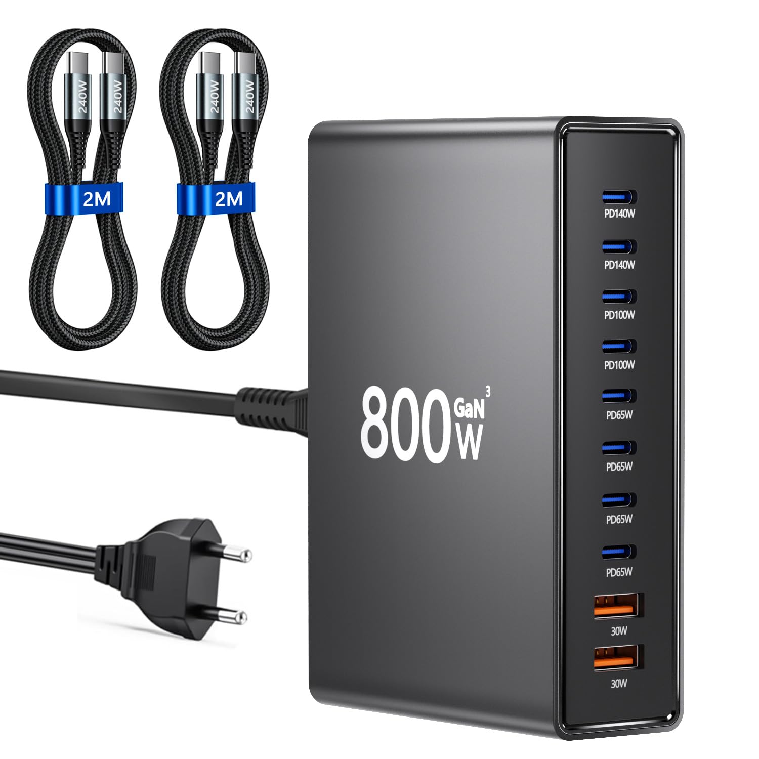 Caricatore USB C da 800W, caricabatterie GaN con 10 porte USB e 2 cavi C-a-C da 240W lunghi 2m ciascuno, caricabatterie multiple compatibile con MacBook Pro/Air/Dell/iPhone/Galaxy/tablet/cellulari